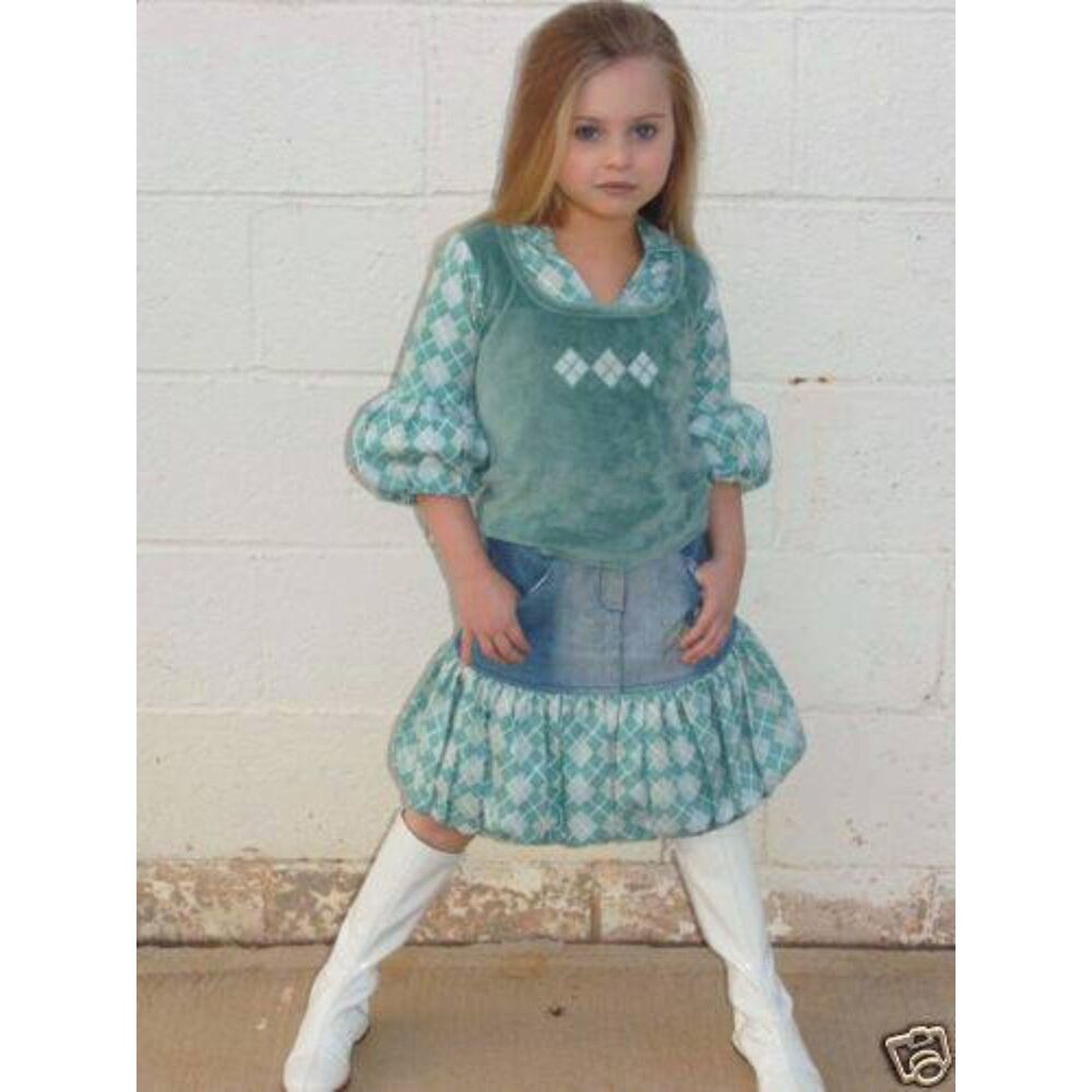 Baby Gassy Gooma girls designer boutique denim jeans skirt green tan argyle 6 7
